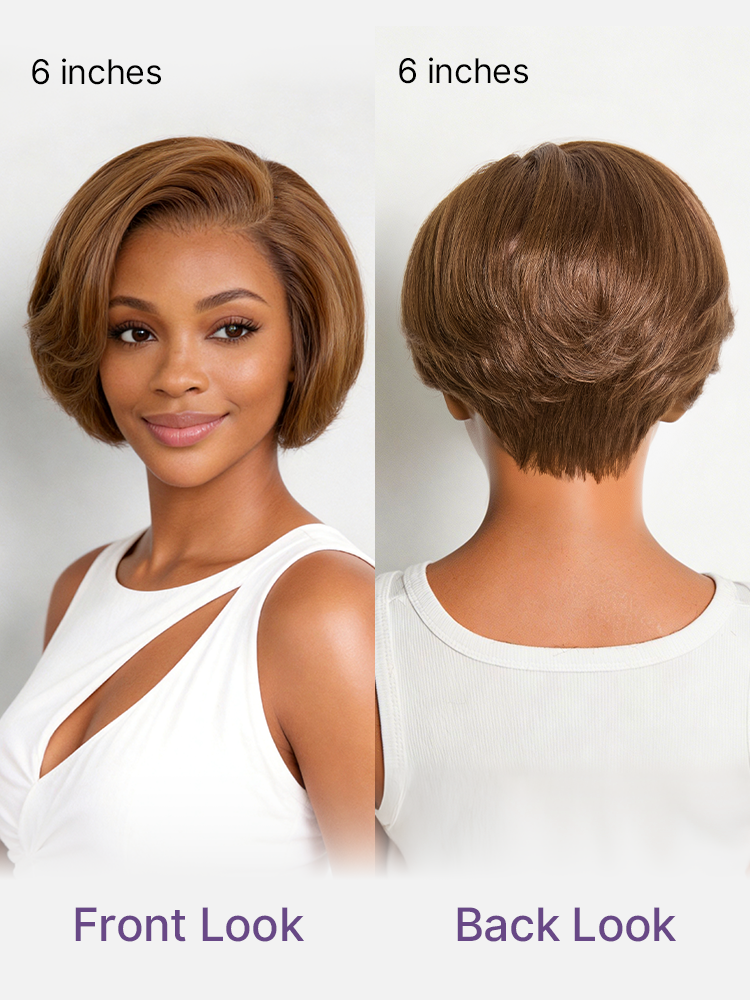 Chestnut brown Luvme Hair short pixie cut wig with bangs, elegant, glueless, minimalist HD lace, suitable for a stylish, natural look.