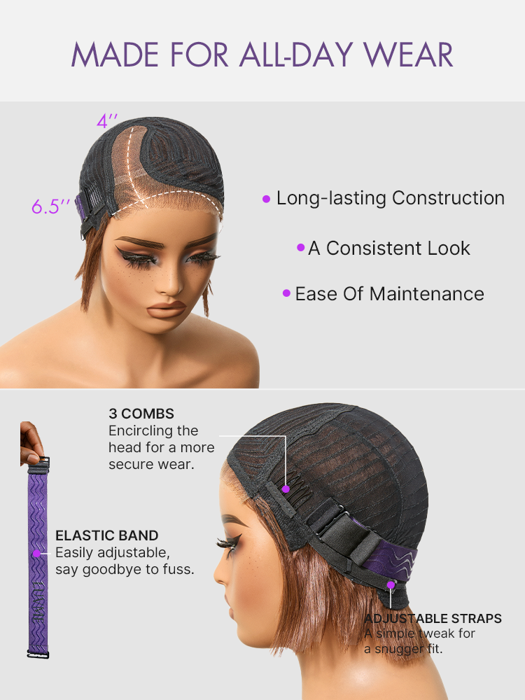 Chestnut brown glueless lace pixie wig with bangs, minimalist short hairstyle, by Luvme Hair, showcasing a sleek and elegant look.