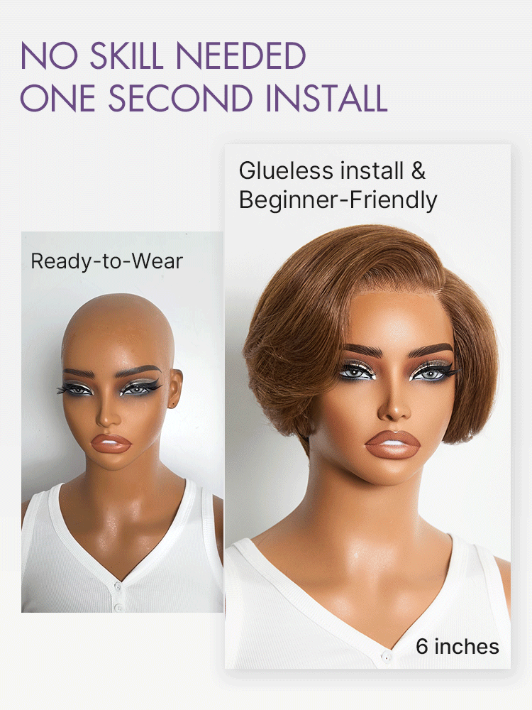 Chestnut brown Luvme Hair pixie cut wig with bangs, minimalist HD lace, glueless design, short stylish hairstyle.