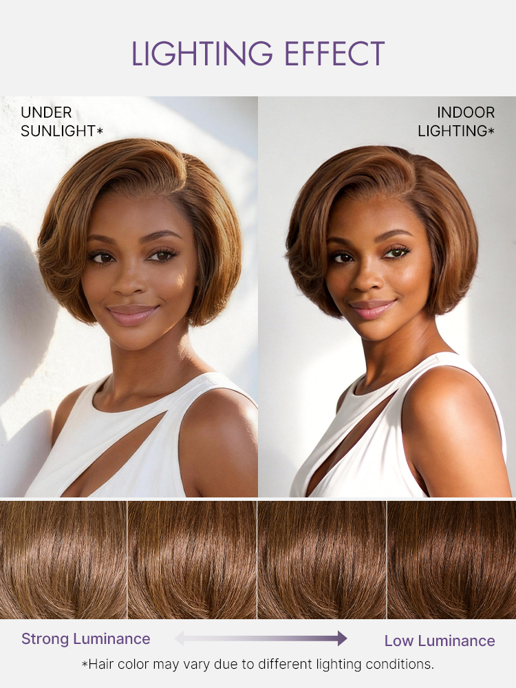 Chestnut brown lace short pixie wig with bangs by Luvme Hair, showcasing a minimalist glueless design and sleek, stylish cut.