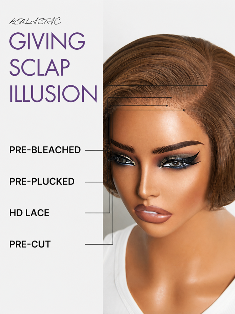 Chestnut brown Luvme Hair short pixie cut wig with bangs, glueless HD lace, minimalist style, elegant and natural-looking.