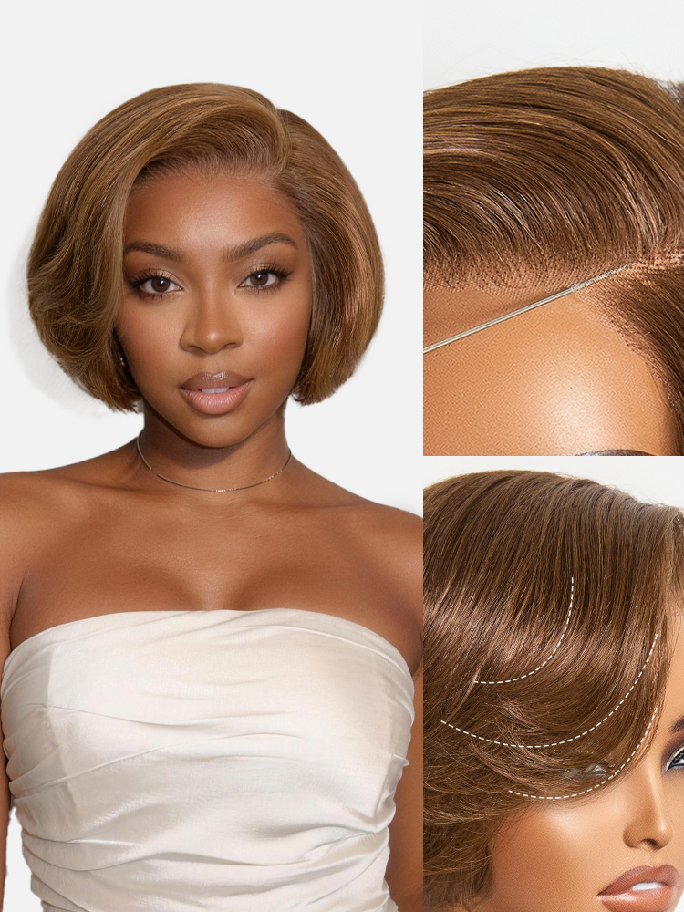 Chestnut brown lace short pixie wig with bangs, minimalist glueless design, by Luvme Hair, showcasing textured, stylish hair cut.