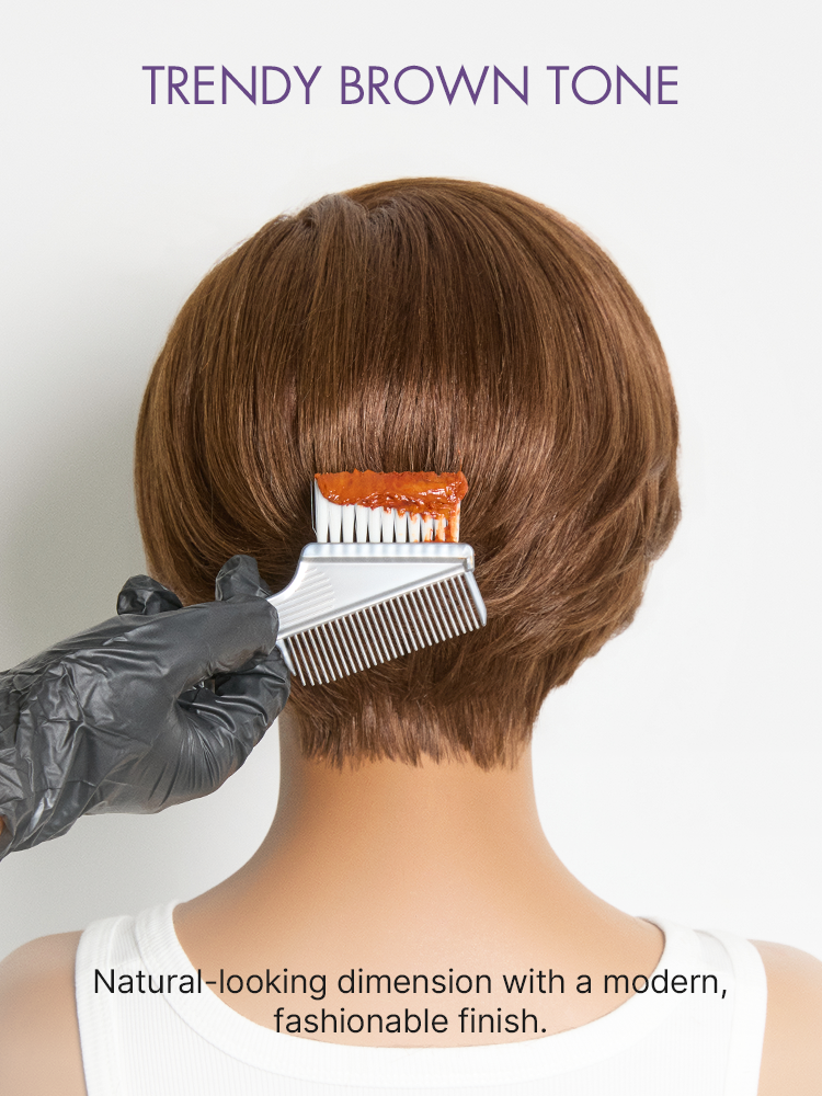 Chestnut brown minimalist HD lace short pixie wig with bangs from Luvme Hair, showcasing natural style and seamless fit.