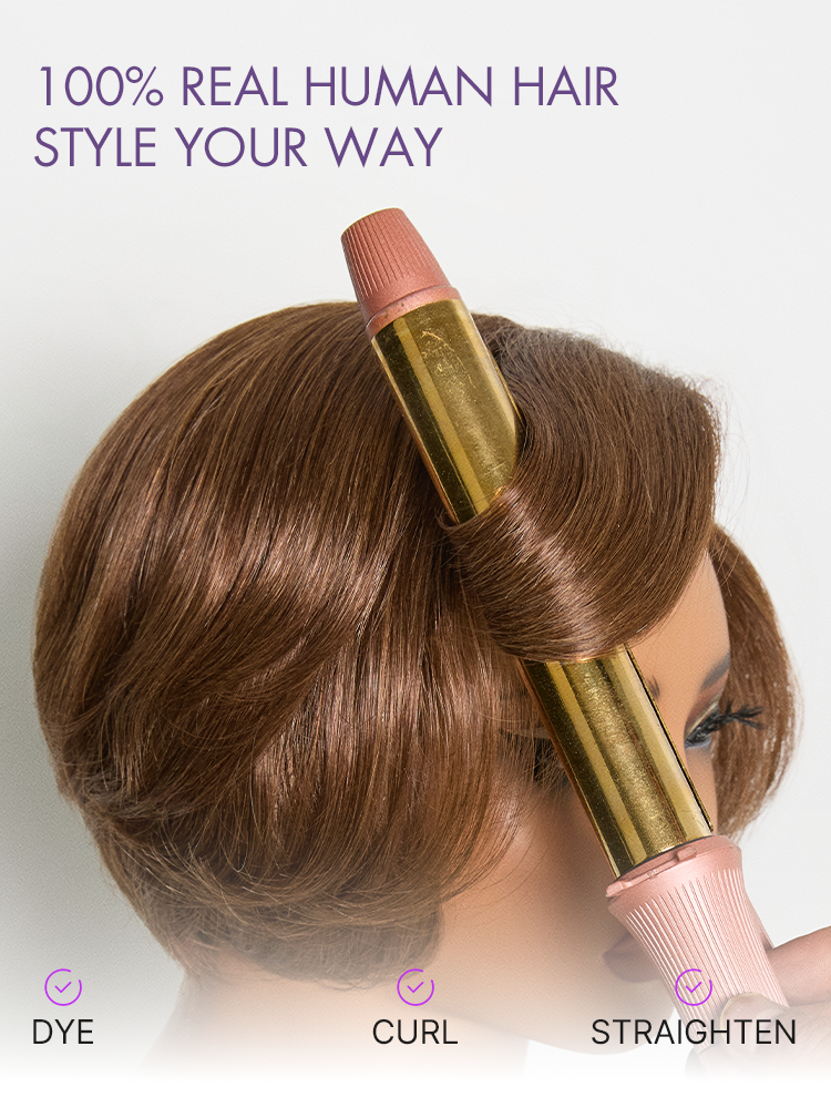 Chestnut brown minimalist HD lace short pixie wig with bangs, styled for a sleek, elegant look by Luvme Hair.