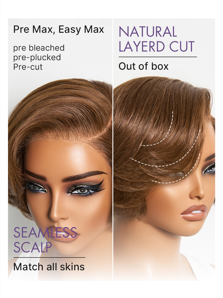 Chestnut Brown Elegant Glueless Minimalist HD Lace Short Pixie Cut Wig with Bangs-13