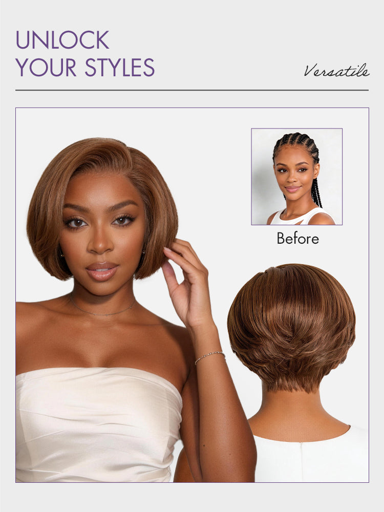 Chestnut Brown Elegant Glueless Minimalist HD Lace Short Pixie Cut Wig with Bangs-14