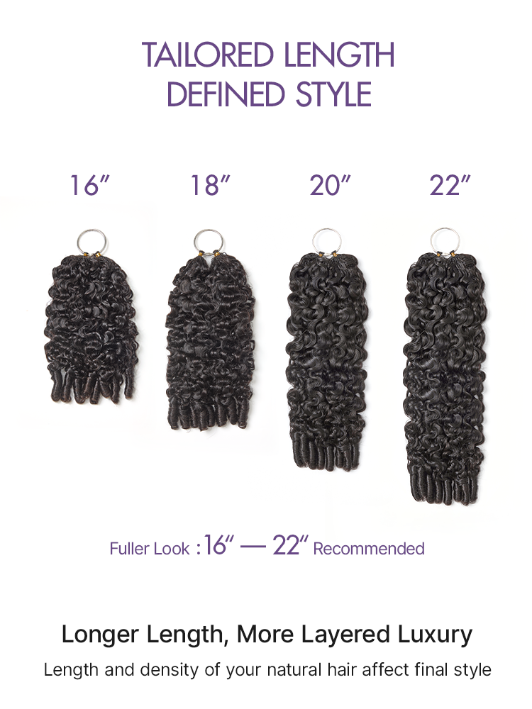 Luvme Hair Readitress Pre-Separated Feather Crochet Human Hair with Burmese curly finger coil ends for boho braids and protective styles.