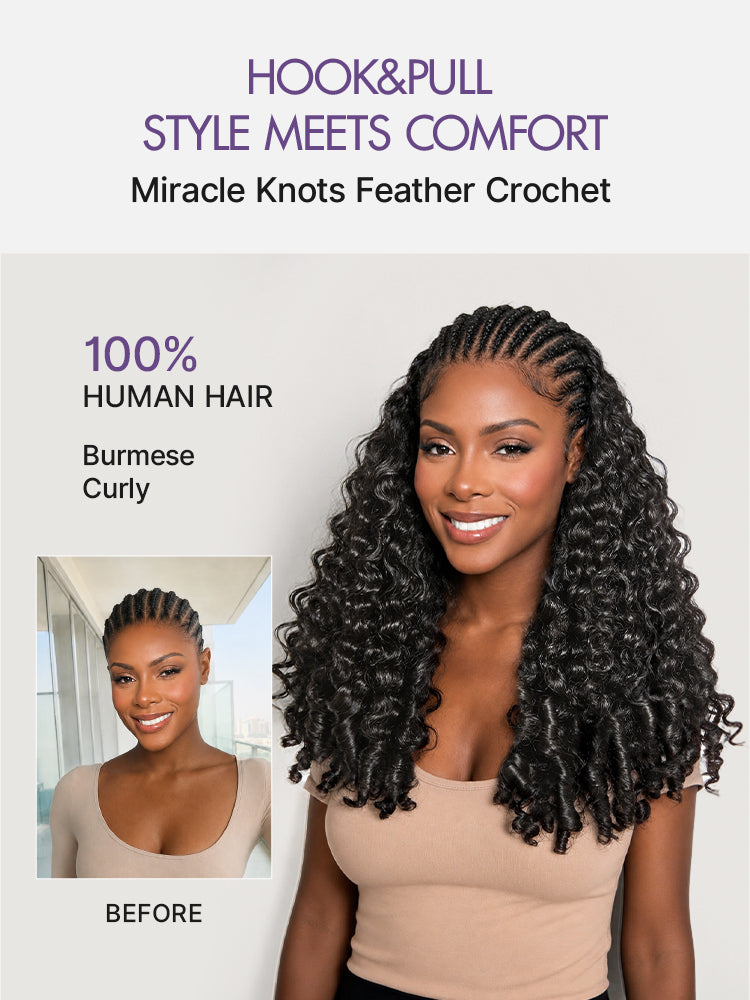 Luvme Hair Readitress Pre-Separated Feather Crochet Human Hair with Burmese Curly Finger Coil Ends for Boho Braids, protective style