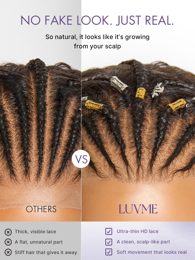 Natural Black Boho Cornrow Braids 13x4 Frontal Lace Deep Curly  Long Wig Pre-cut Lace-11