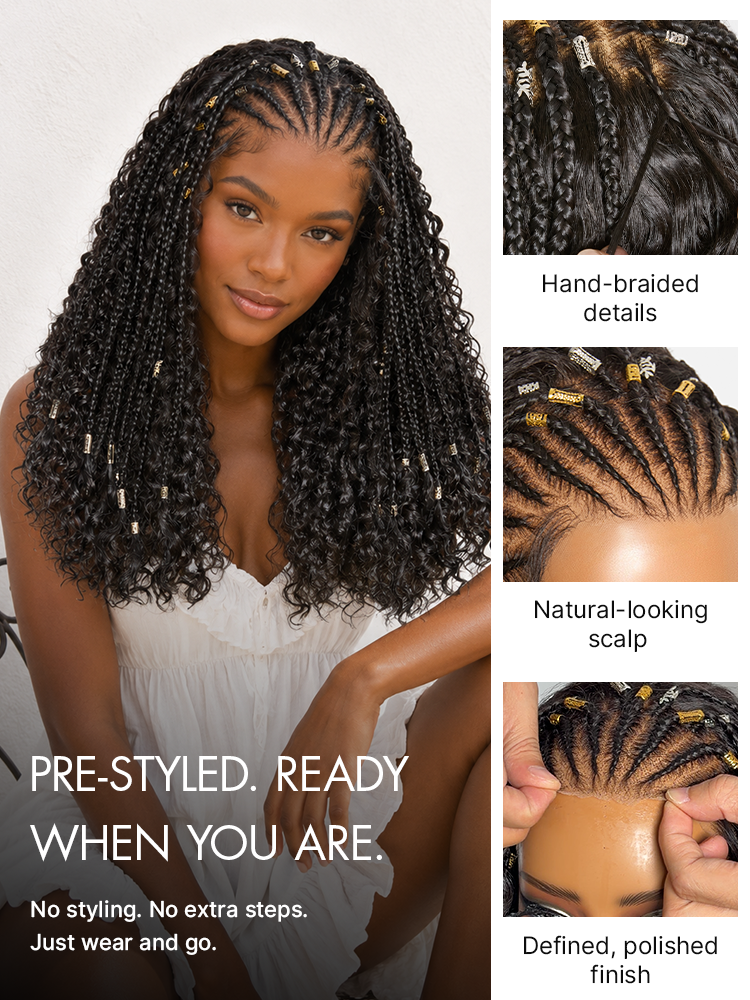 Natural black boho cornrow braids with deep curly wig, 13x4 frontal lace, long pre-cut lace wig by Luvme Hair