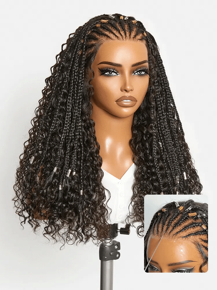 Luvme Hair natural black boho cornrow braids wig with 13x4 frontal lace, deep curly long style, pre-cut lace for easy wear