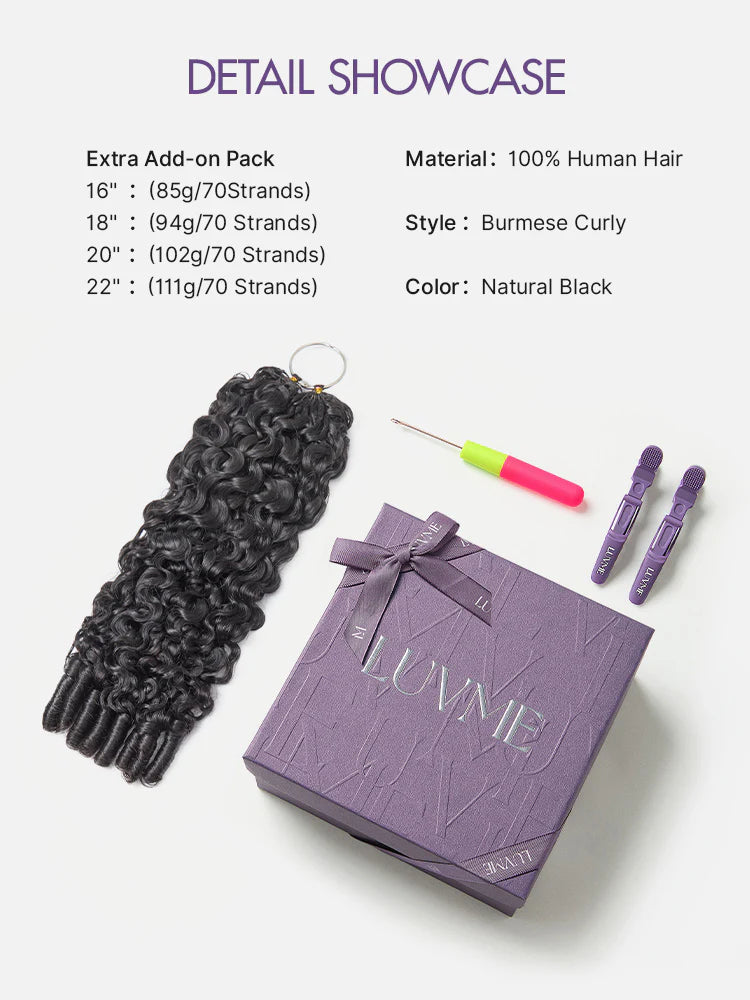 Luvme Hair Readitress™ pre-separated reusable miracle knots crochet human hair extensions with deep wave, kinky straight, and Burmese curly styles