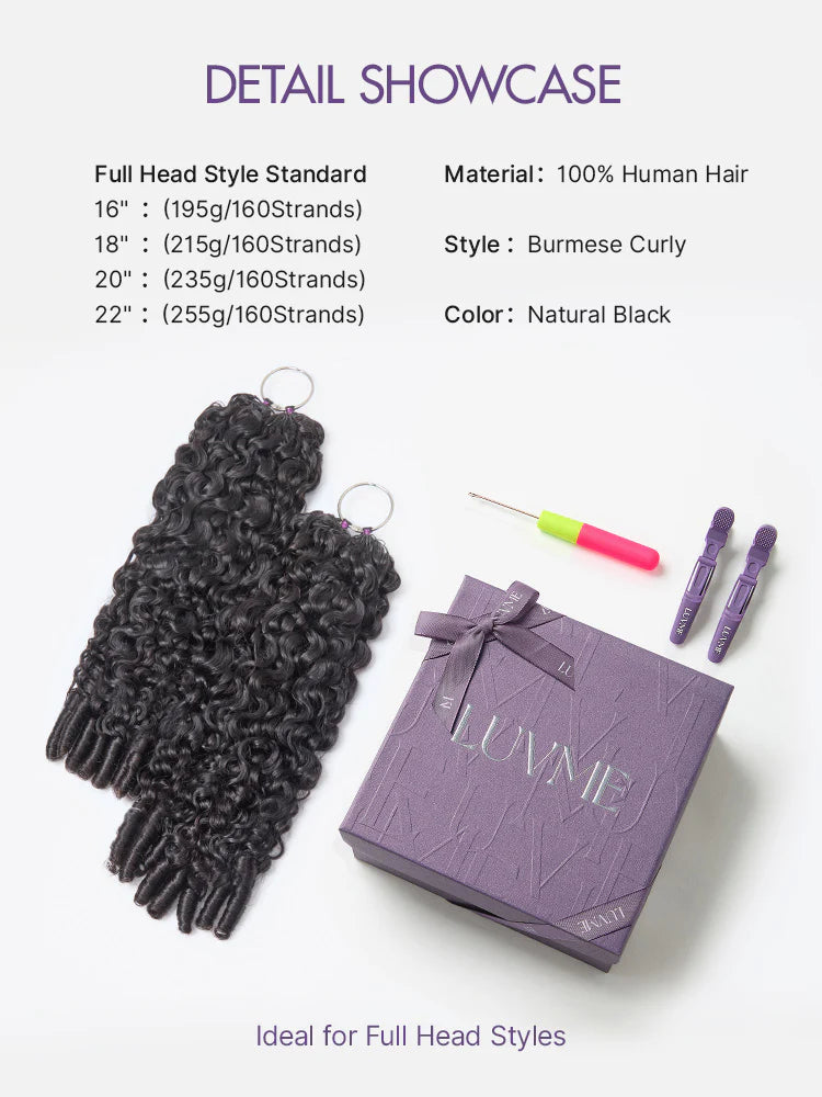 Luvme Hair Readitress™ reusable human hair extensions with deep wave, kinky straight, and Burmese curly textures in a protective style