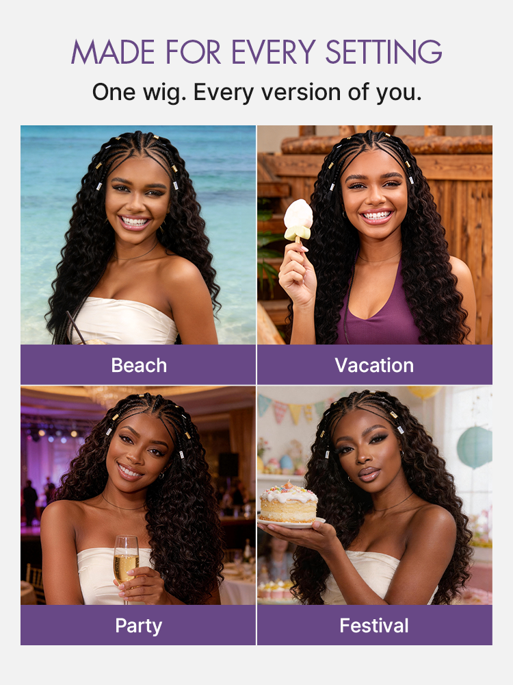 Luvme Hair Boho Fulani Braids Water Wave 13x4 frontal lace wig with pre-cut lace and human hair, styled with braided and wavy details.