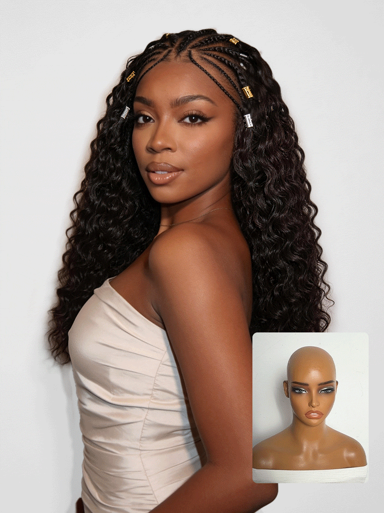 Boho Fulani Braids Water Wave 13x4 frontal lace wig by Luvme Hair, pre-cut lace, human hair, natural water wave texture