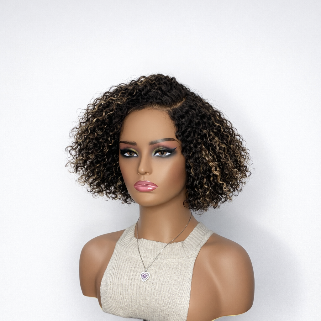 Honey blonde curly lace wig with short cut and minimalist style by Luvme Hair, showcasing natural curls and highlights.