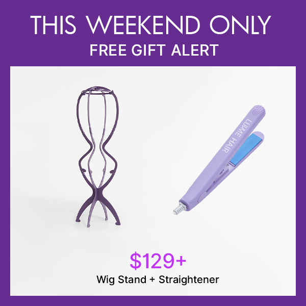 Luvme Hair portable collapsible wig stand and hair straightener, black and compact for easy styling and storage.