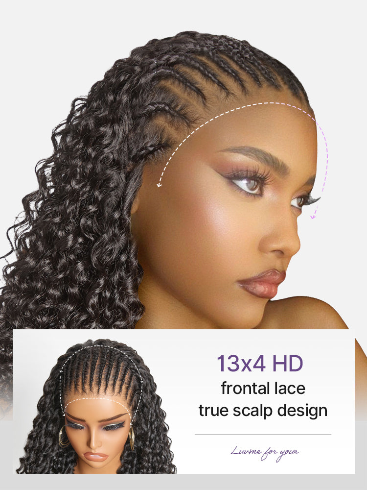 Luvme Hair Readitress™ Knotless Fulani Braids deep wave lace front wig with 13x4 HD lace, human hair, ear-to-ear style.