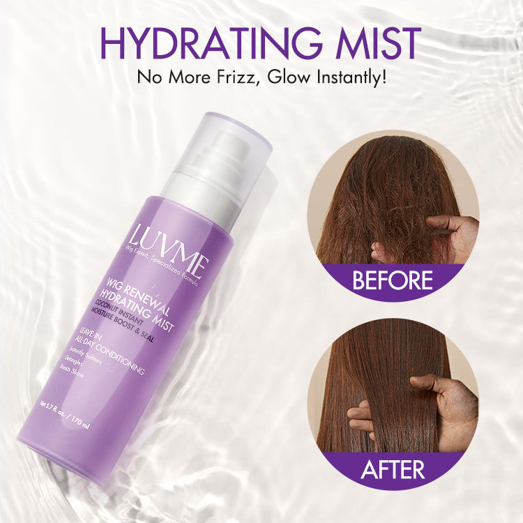 Luvme Hair hair straightener and wig renewal hydrating mist set, featuring sleek styling tool and moisturizing spray for wigs.