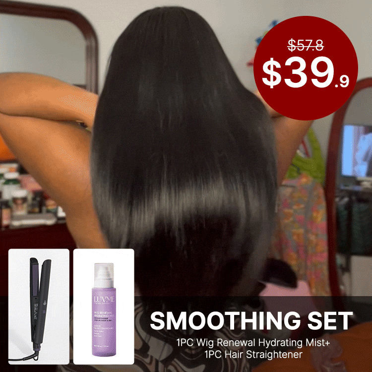 Luvme Hair hair straightener and wig renewal hydrating mist on white background, showcasing styling tools for hair care.