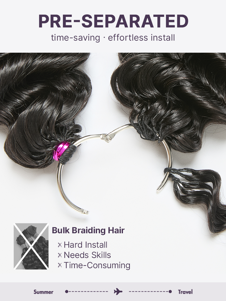 Luvme Hair Readitress crochet human hair extensions in deep wave, kinky straight, and Burmese curly styles for boho braids.