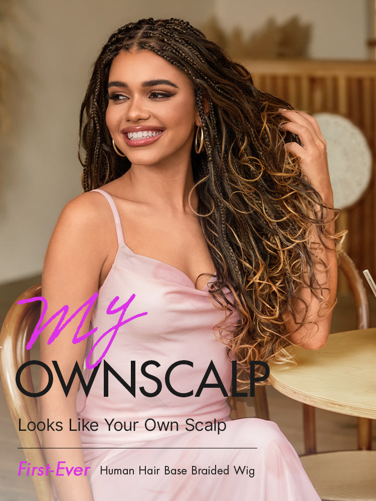 Luvme Hair OwnScalp™ Ombre Honey Blonde French Curl Knotless Boho Braids long lace wig with flexi fit and drawstring cap