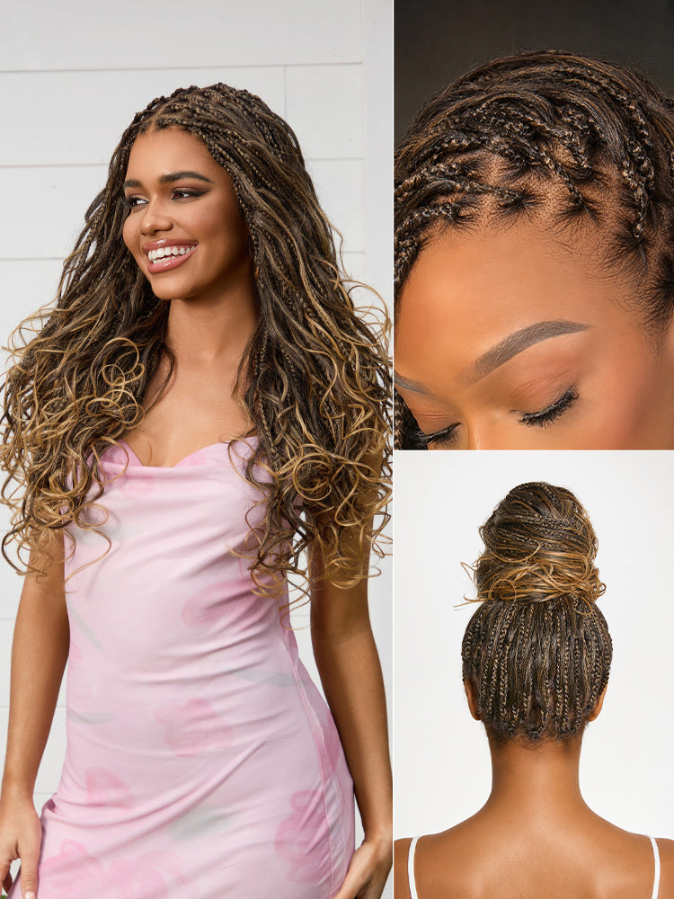 OwnScalp™Ombre Honey Blonde French Curl Knotless Boho Braids HD Full Lace Long Wig Flexi Fit Invisi Drawstring Cap - US Only-72