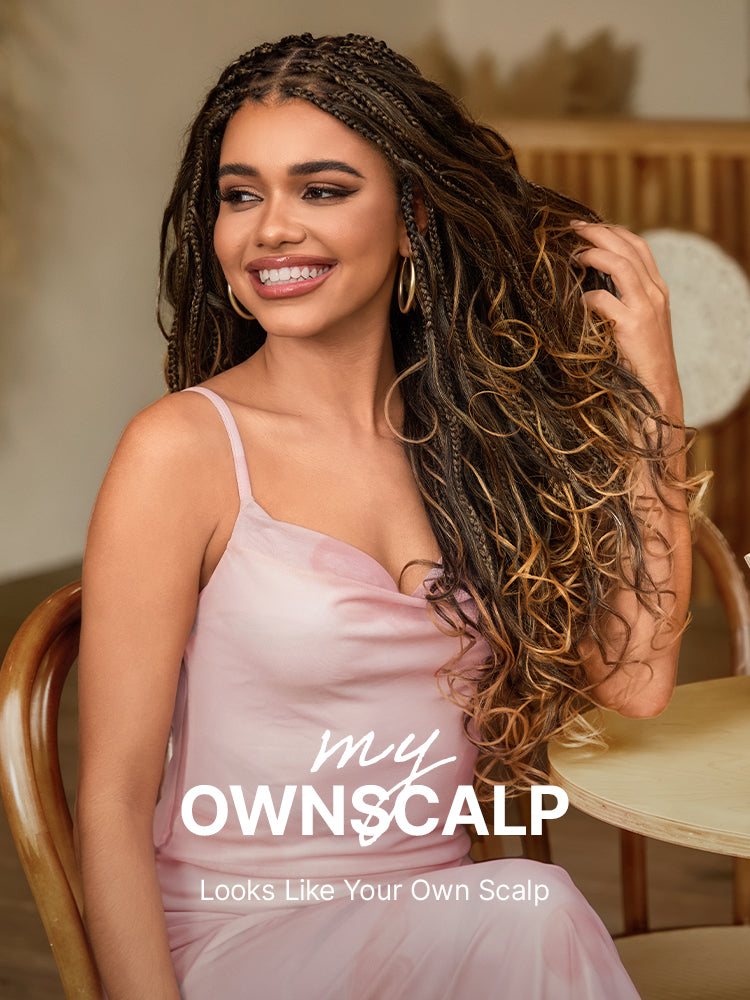 OwnScalp™Ombre Honey Blonde French Curl Knotless Boho Braids HD Full Lace Long Wig Flexi Fit Invisi Drawstring Cap - US Only-85