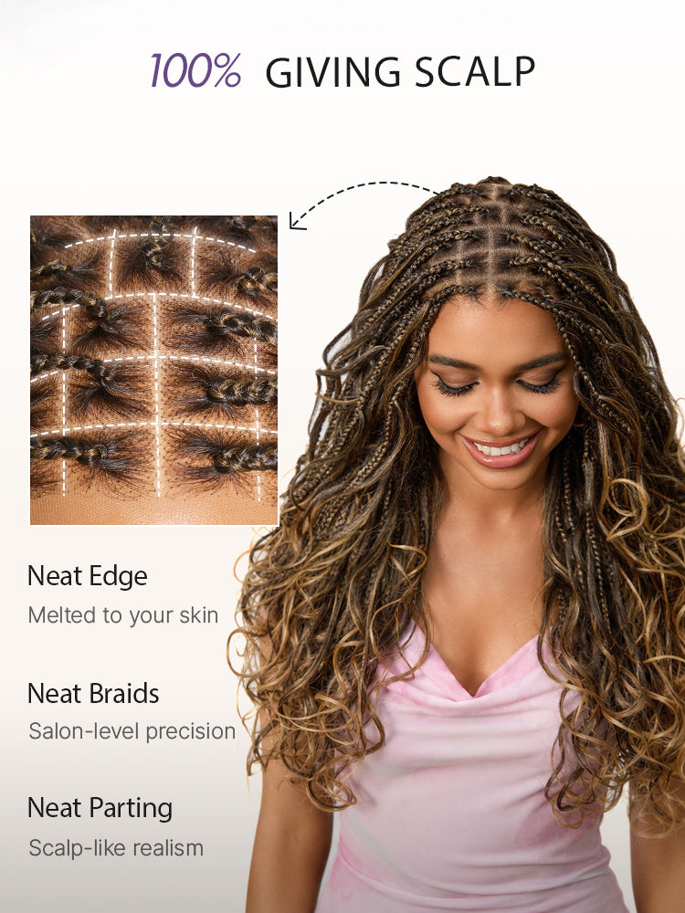 OwnScalp™Ombre Honey Blonde French Curl Knotless Boho Braids HD Full Lace Long Wig Flexi Fit Invisi Drawstring Cap - US Only-87