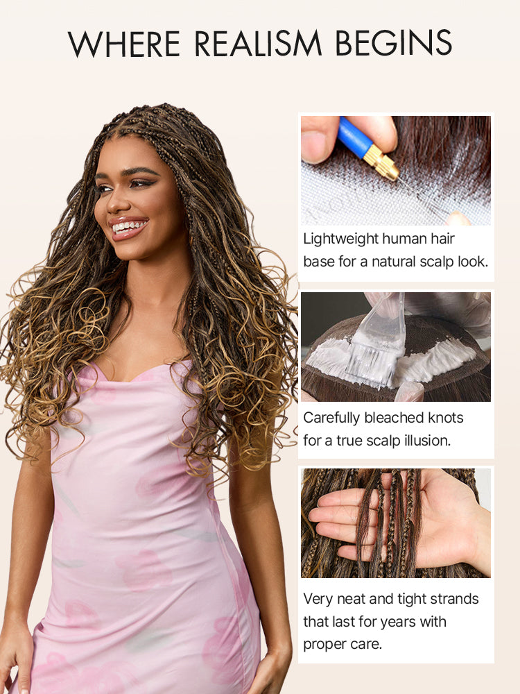 OwnScalp™Ombre Honey Blonde French Curl Knotless Boho Braids HD Full Lace Long Wig Flexi Fit Invisi Drawstring Cap - US Only-89