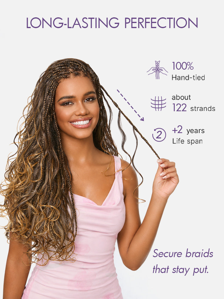 Luvme Hair OwnScalp™ Ombre Honey Blonde French Curl Knotless Boho Braids long lace wig with drawstring cap, natural and stylish.