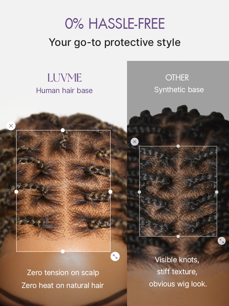 Luvme Hair Ombre Honey Blonde French Curl Knotless Boho Braids full lace wig with drawstring cap, long and flexible fit.