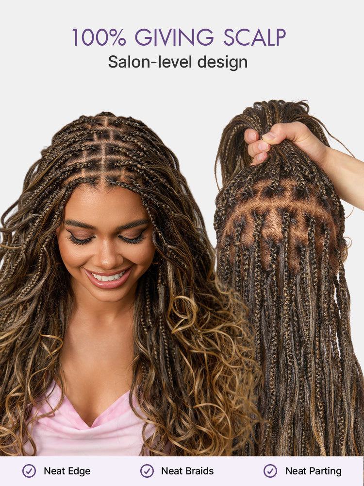 Luvme Hair Ombre Honey Blonde French Curl Knotless Boho Wig with full lace, long length, and flexible drawstring cap.