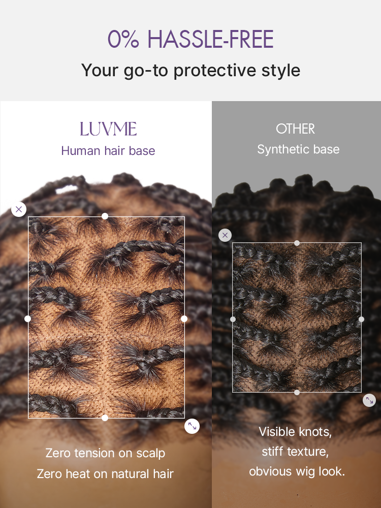 Luvme Hair OwnScalp French Curl Knotless Boho Braids HD lace wig with long curls, flexible fit, and drawstring cap on a mannequin head.
