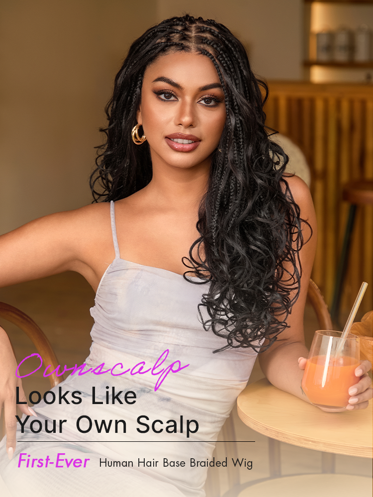 Luvme Hair OwnScalp™ French Curl Knotless Boho Braids long lace wig with flexi fit and drawstring cap, in a natural curly style.