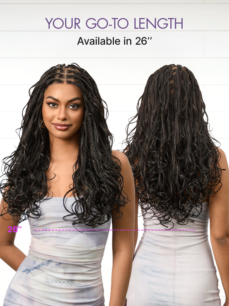 Luvme Hair OwnScalp™ French Curl Knotless Boho Braids HD lace wig with long length and flexible drawstring cap on a model.
