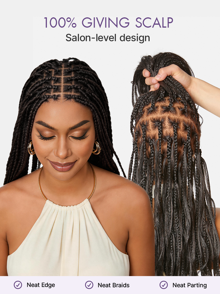 Luvme Hair OwnScalp™ French Curl Knotless Boho Braids HD full lace wig with flexi fit and drawstring cap in natural long style