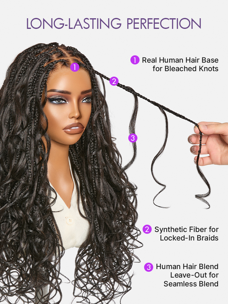 Luvme Hair OwnScalp™ French Curl Knotless Boho Braids HD full lace wig with long curls and flexible drawstring cap, US only