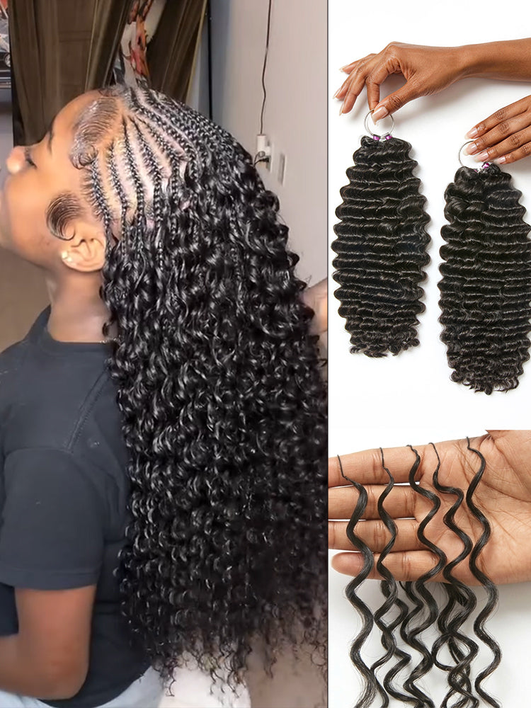 Luvme Hair Readitress™ crochet human hair in deep wave, kinky straight, and Burmese curly styles with feathered pre-separated braids