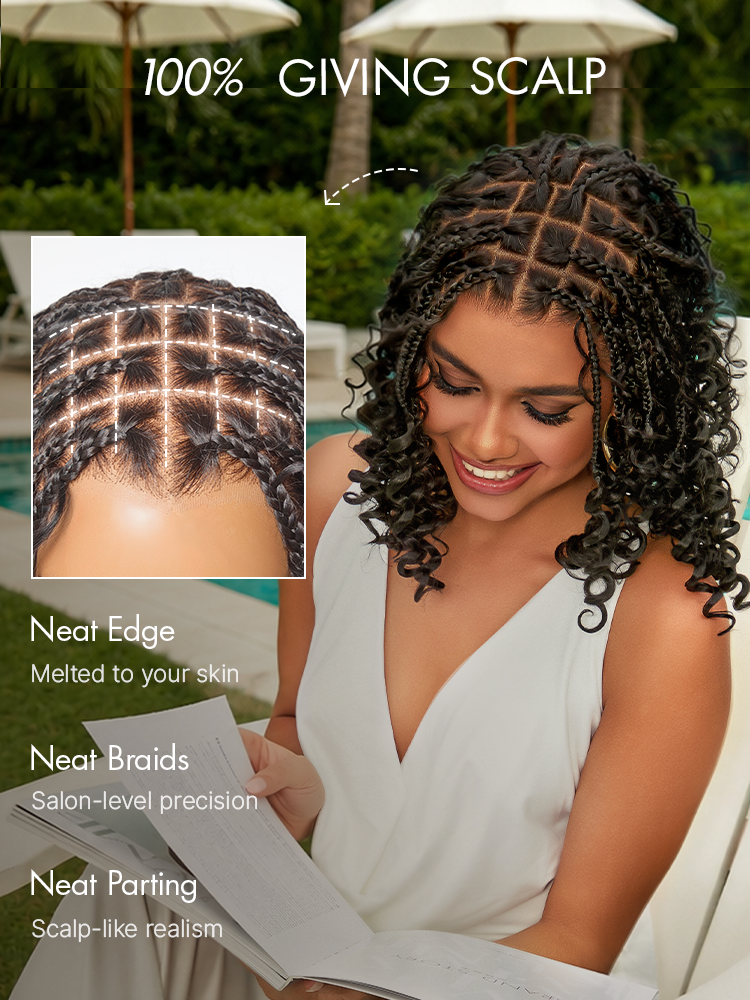 OwnScalp™ HD Full Lace Knotless Boho Curls Braided Bob Pre-Cut Lace Wig Flexi Fit Invisi Drawstring Cap-55