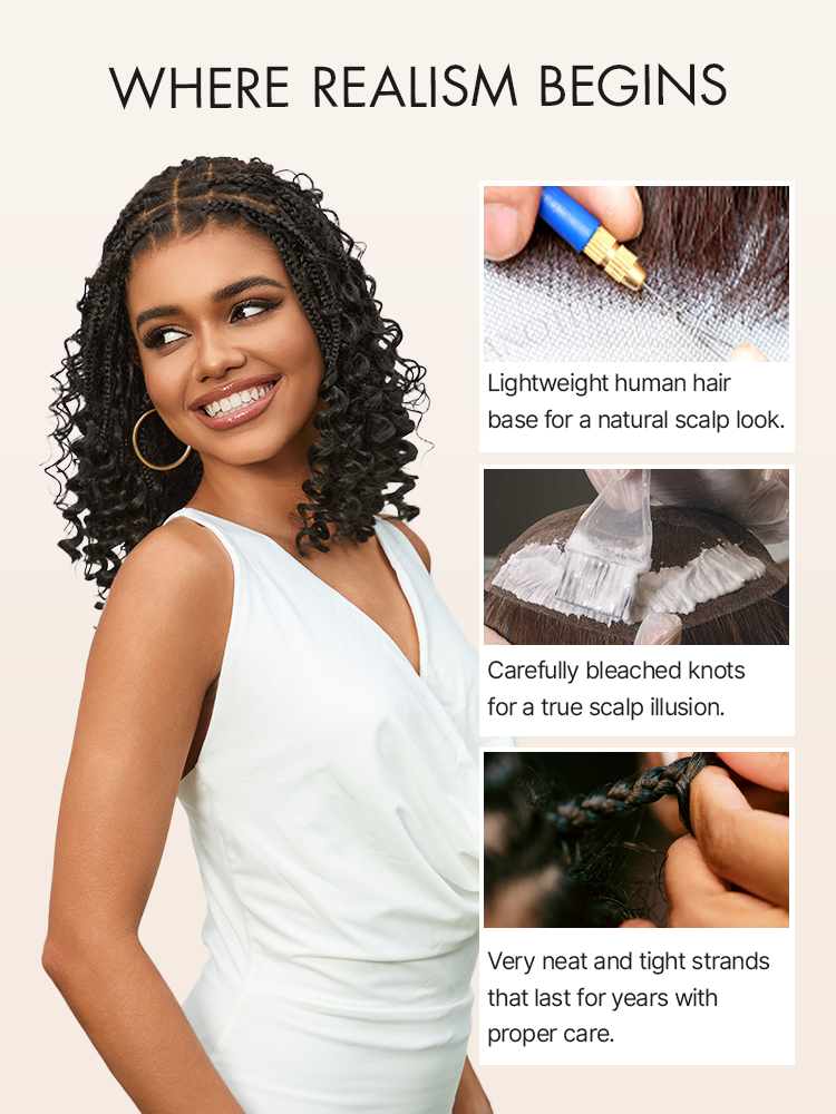 OwnScalp™ HD Full Lace Knotless Boho Curls Braided Bob Pre-Cut Lace Wig Flexi Fit Invisi Drawstring Cap-58
