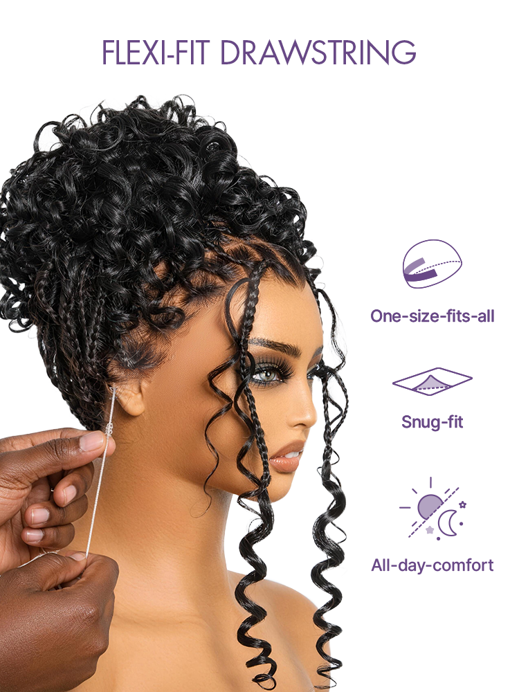 Luvme Hair OwnScalp HD full lace knotless braids wig with boho curls, pre-cut lace, and flexible drawstring cap.