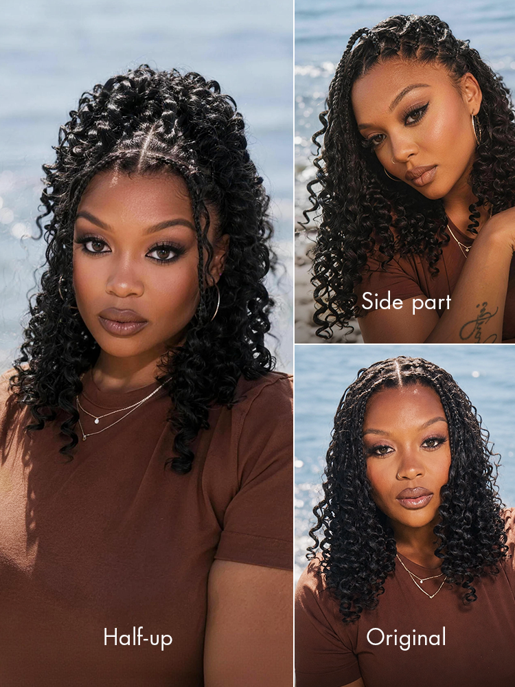 Luvme Hair OwnScalp HD full lace knotless boho curls braided bob wig with pre-cut lace and flexible drawstring cap.