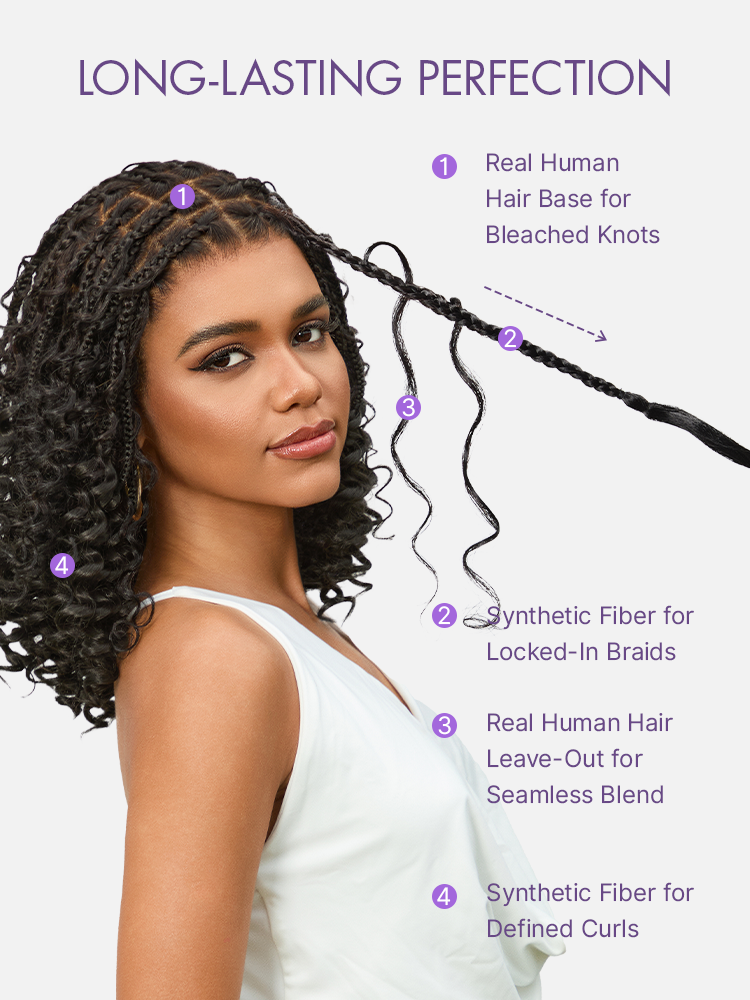 Luvme Hair OwnScalp™ HD full lace knotless boho curls braided bob wig with pre-cut lace and flexible drawstring cap.
