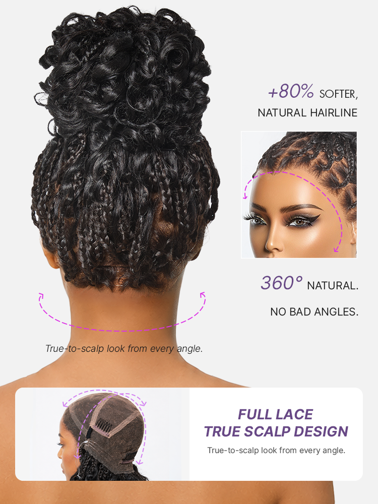 Luvme Hair OwnScalp™ HD full lace knotless boho curls braided bob wig with pre-cut lace and flexible drawstring cap.