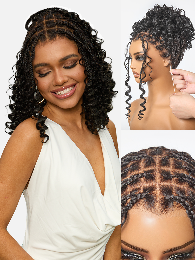 Luvme Hair OwnScalp HD full lace knotless boho curls braided bob wig with pre-cut lace and flexible drawstring cap.