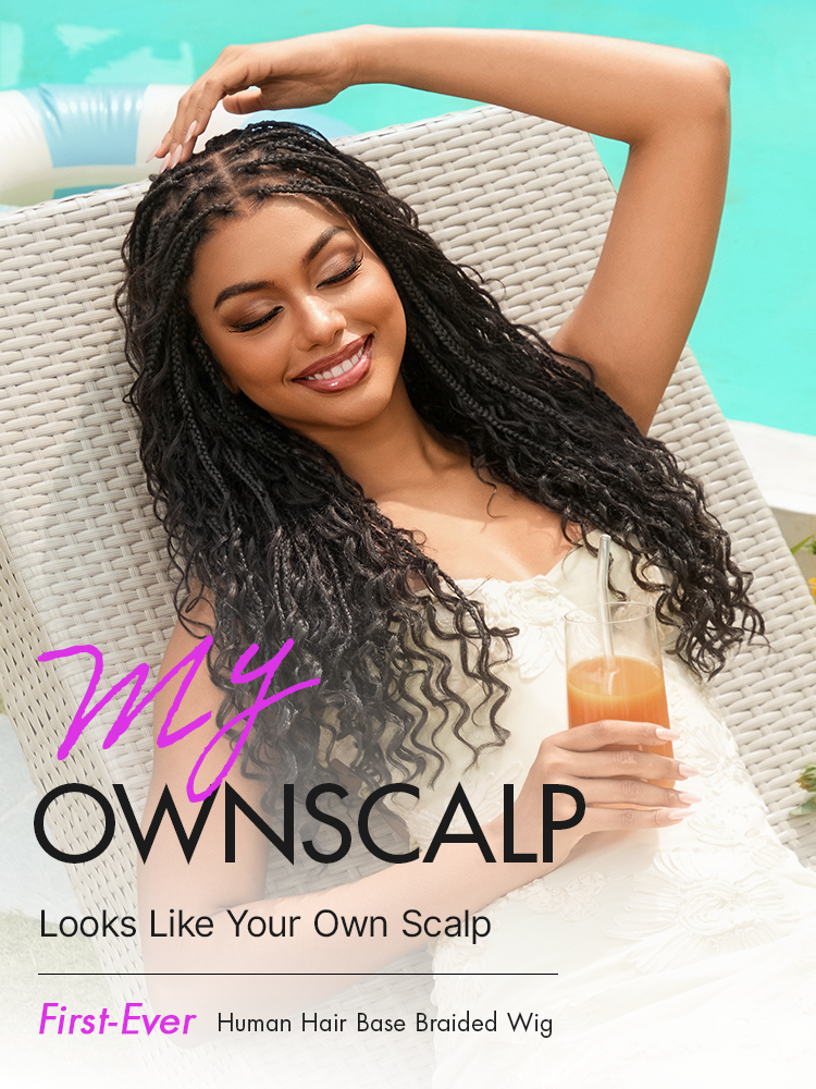 Luvme Hair OwnScalp lightweight Flexi-Fit Invisi Drawstring Cap with full lace, natural scalp appearance, boho curls, and long braided wig