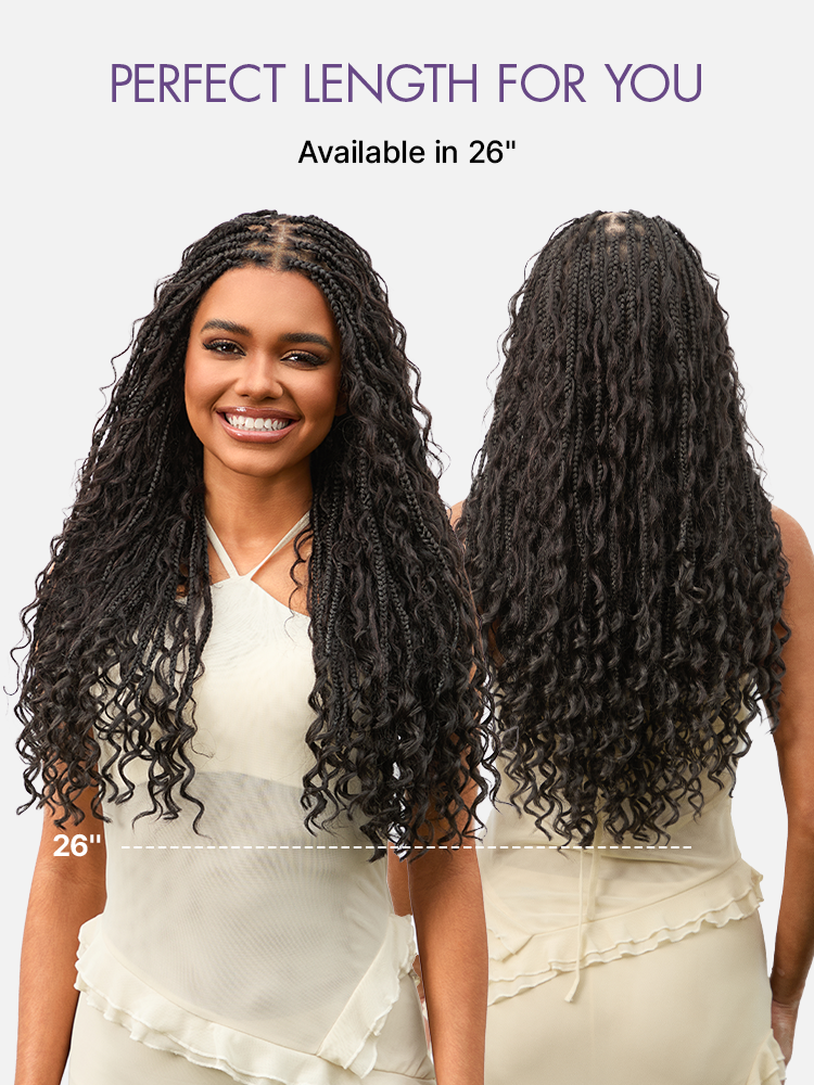 Luvme Hair OwnScalp™ lightweight Flexi-Fit Invisi drawstring cap with full lace, knotless boho curls, braided long wig, natural scalp look