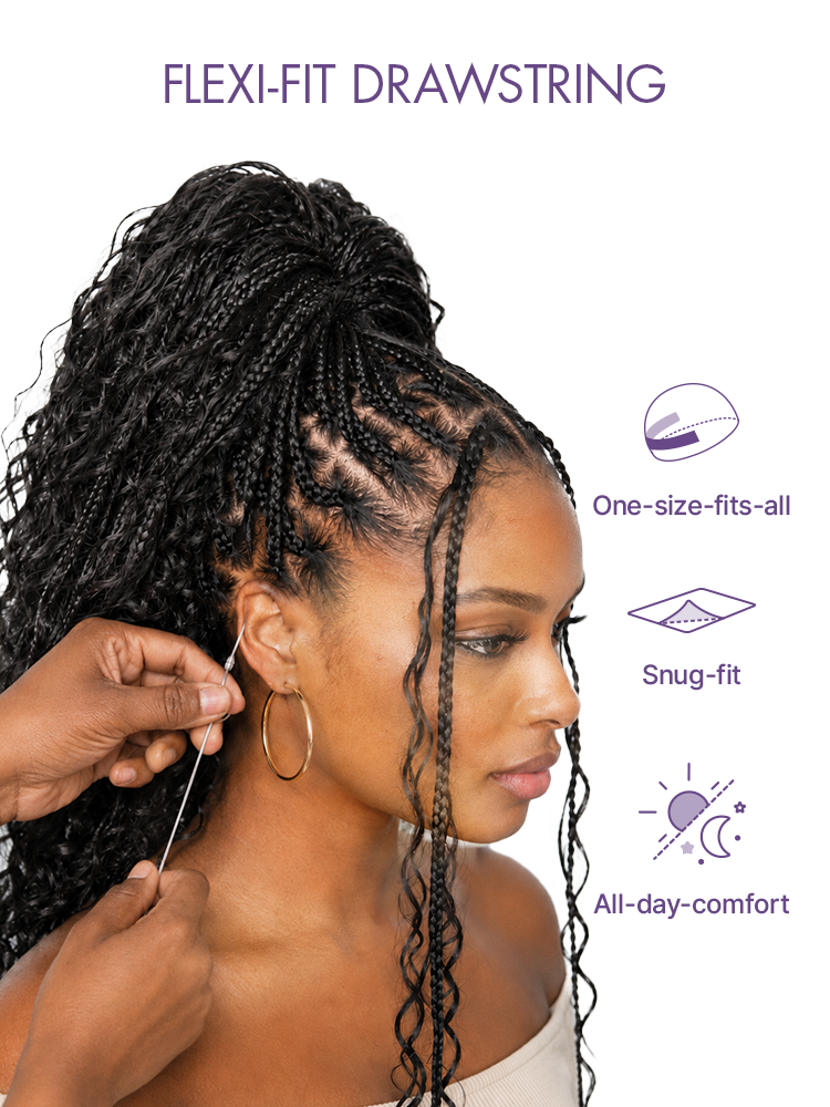 Luvme Hair OwnScalp™ lightweight flexi-fit Invisi drawstring cap with full lace knotless boho curls long wig, natural scalp appearance