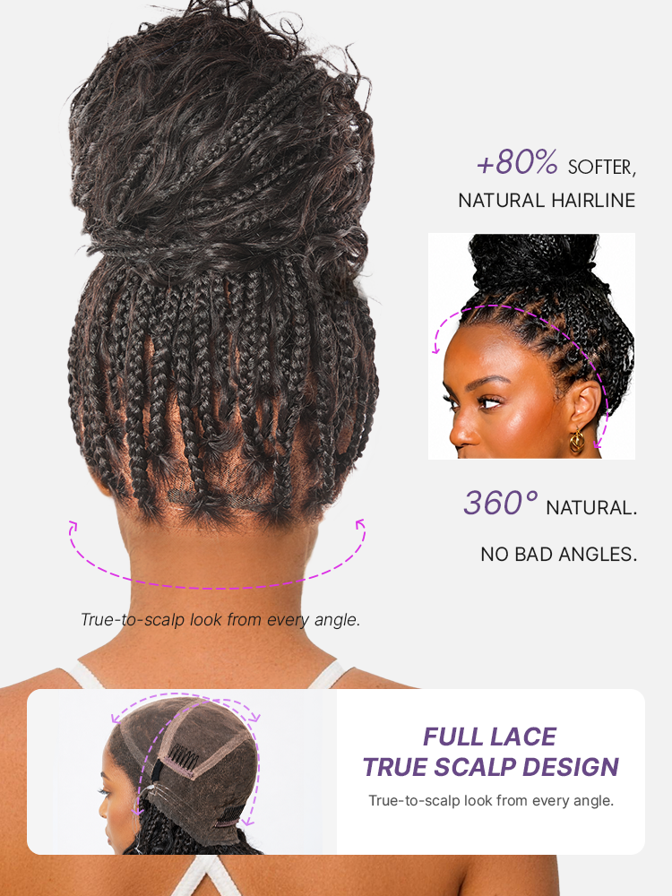 OwnScalp™ lightweight Flexi-Fit Invisi Drawstring Cap with full lace, knotless boho curls, braided long wig by Luvme Hair.